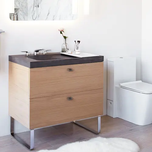 bathroom vanity in wood with drop-in sink
